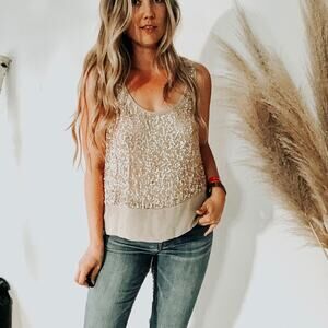 MATTY M NORDSTROM Tan Cream Sheer Sequin Sparkle Beaded Blouse Tank Top Shirt M